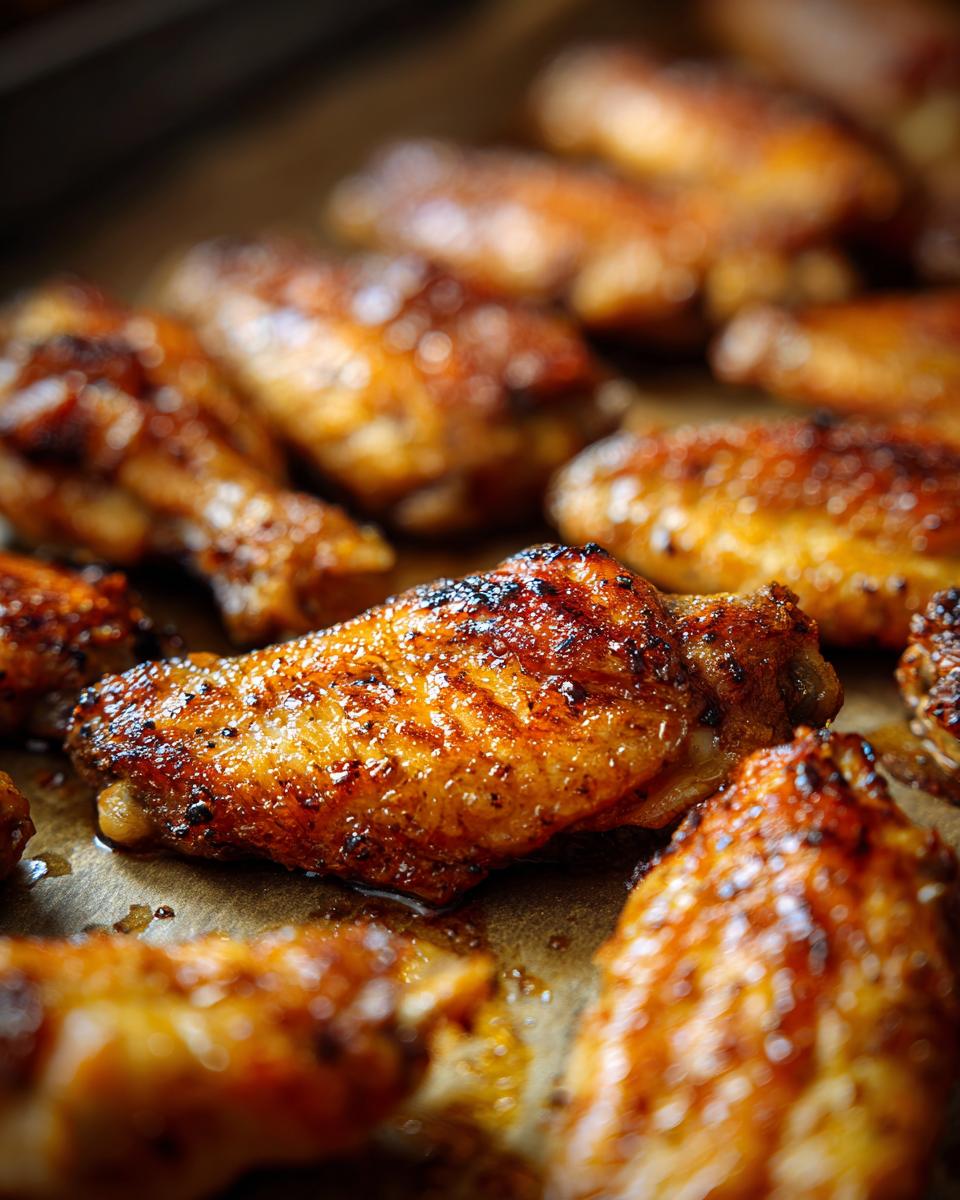 Close-up of perfectly crispy baked chicken wings, glistening with sauce and spices.