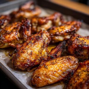 Close-up of perfectly crispy baked chicken wings seasoned with spices on a parchment-lined baking sheet.