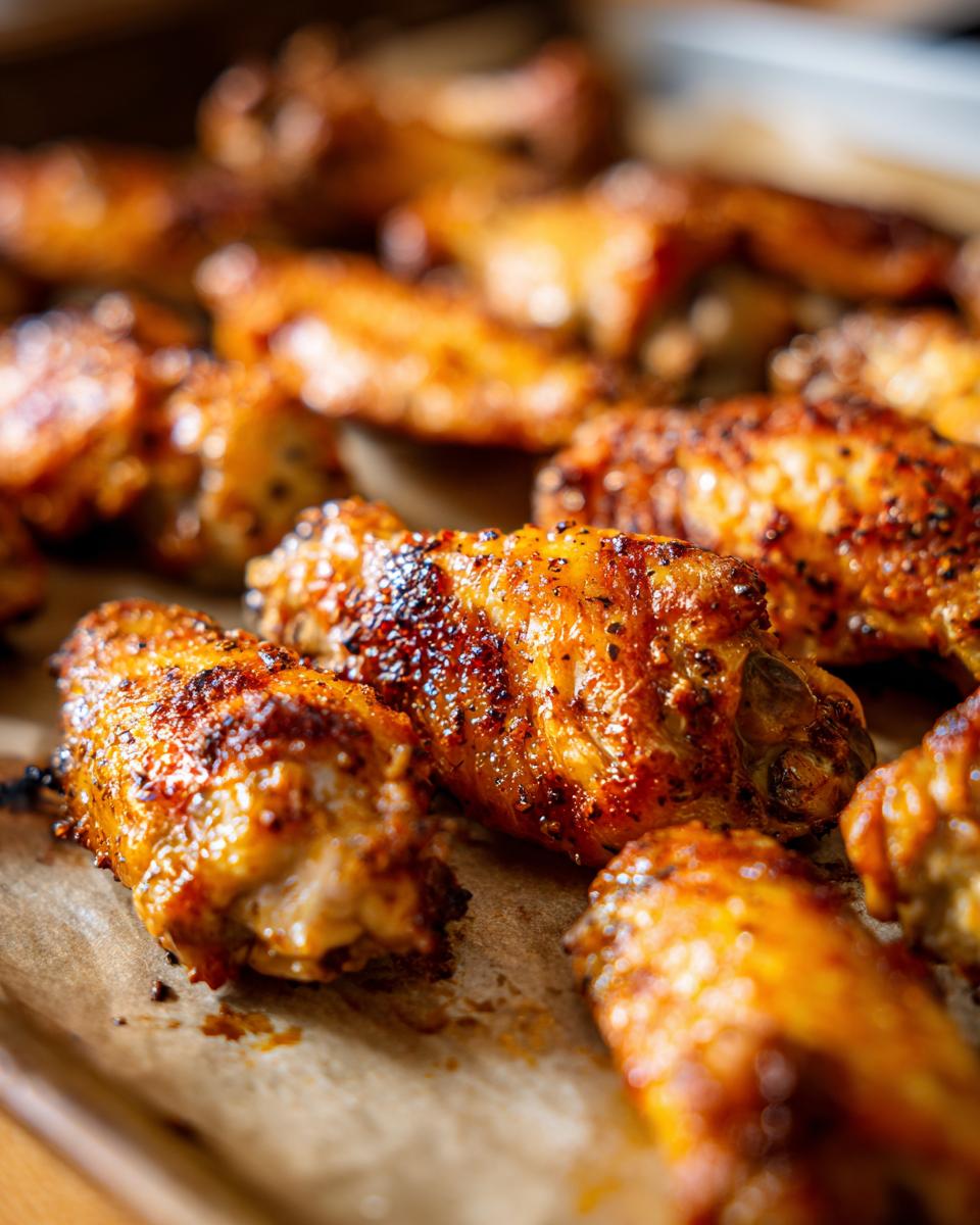 Close-up of perfectly crispy baked chicken wings seasoned with spices and a glossy glaze.
