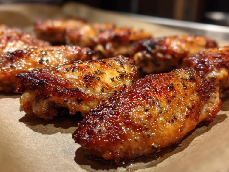 Close-up of perfectly seasoned crispy baked chicken wings on a baking sheet.