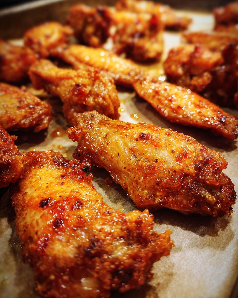Close-up of perfectly crispy baked chicken wings with a glistening glaze.