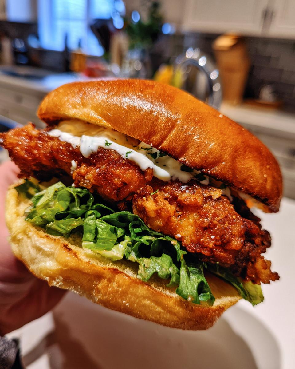 A close-up of a delicious chicken caesar sandwich with crispy fried chicken, lettuce, and creamy sauce on a brioche bun.