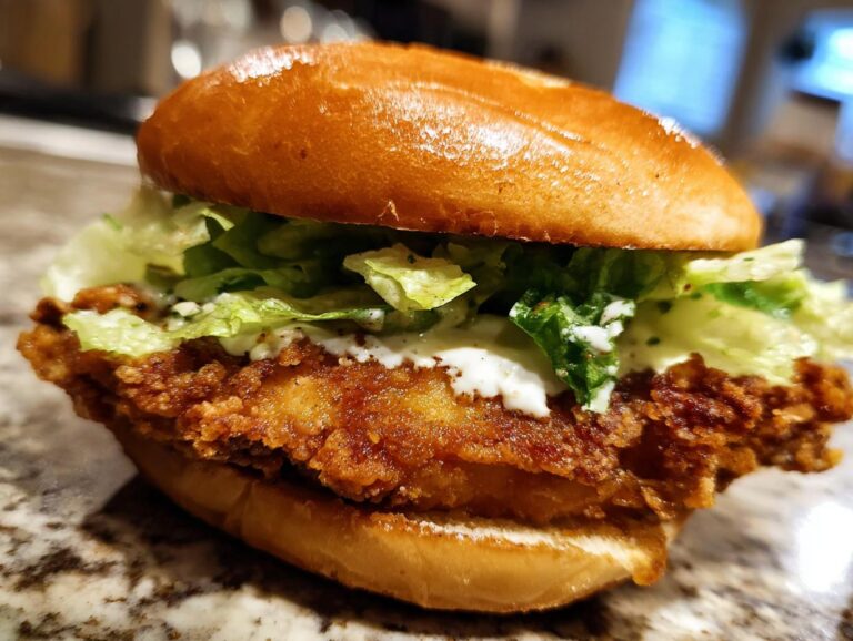A delicious close-up of a crispy chicken caesar sandwich with lettuce and creamy dressing.