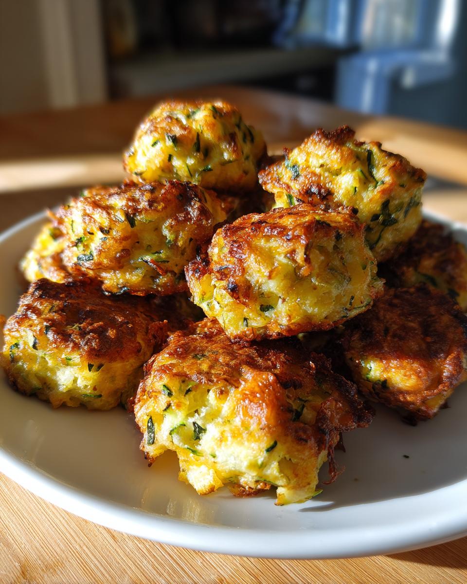 A close-up of golden-brown, crispy zucchini garlic bites piled on a white plate.