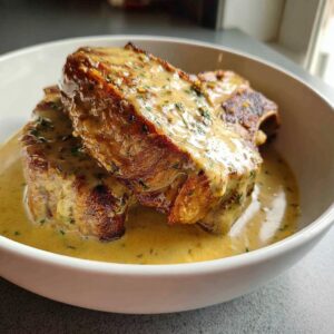 Two juicy crock pot pork chops smothered in a rich, creamy sauce with herbs, served in a white bowl.