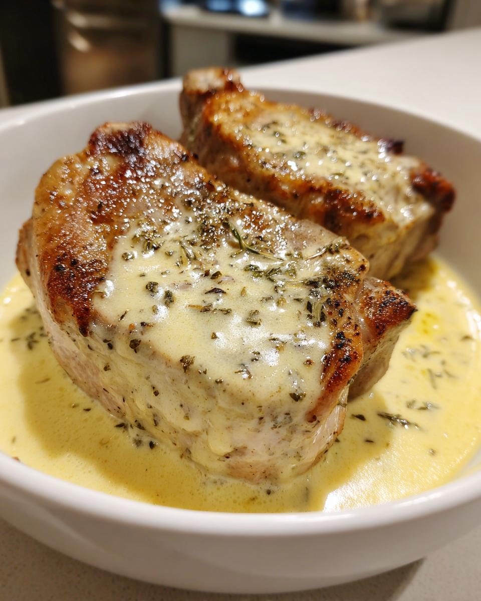 Two succulent crock pot pork chops smothered in a rich, creamy herb sauce in a white bowl.