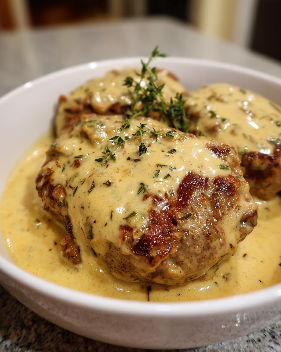 Three tender crock pot pork chops smothered in a rich, creamy herb sauce and garnished with fresh thyme.