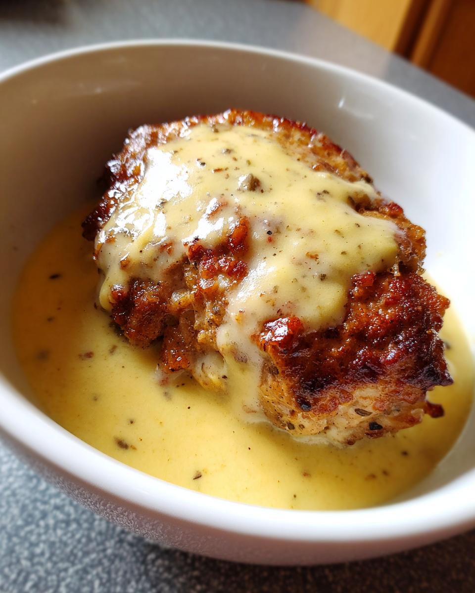 A close-up of a succulent crock pot pork chop smothered in a rich, creamy sauce with herbs.