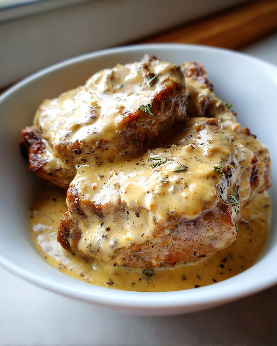 Close-up of tender crock pot pork chops smothered in a rich, creamy sauce with herbs.