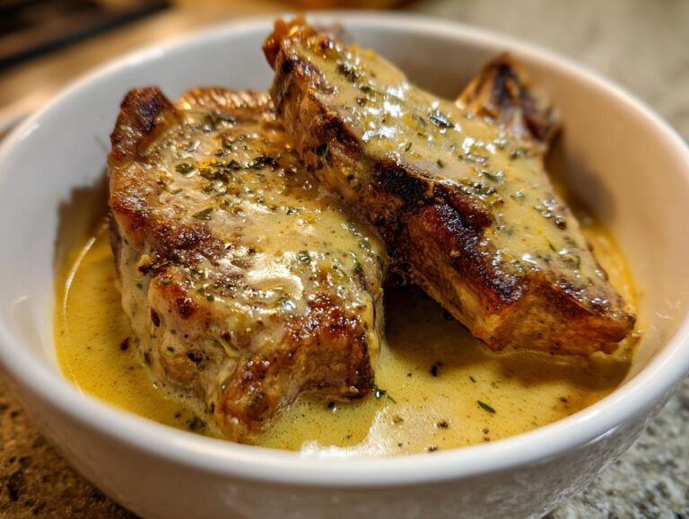 Two tender crock pot pork chops smothered in a rich, creamy herb sauce in a white bowl.