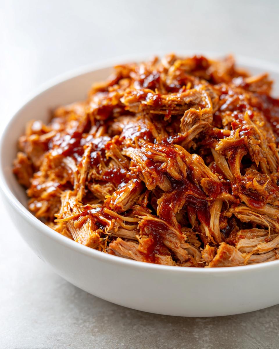 Close-up of tender, shredded crock pot pulled pork coated in barbecue sauce in a white bowl.
