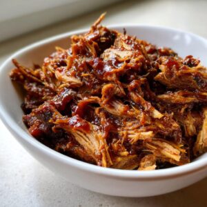 A white bowl filled with glistening, tender crock pot pulled pork coated in a rich BBQ sauce.