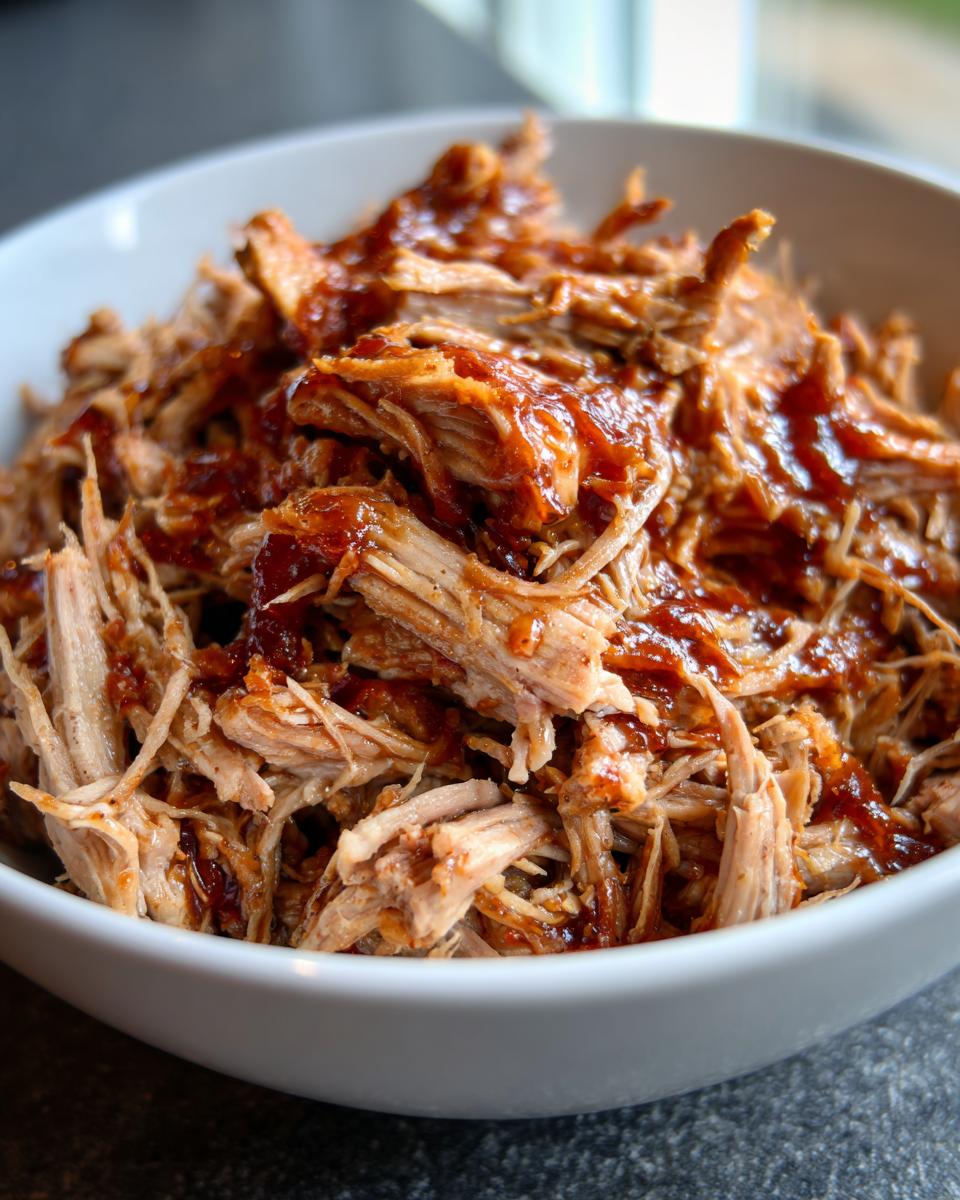 Close-up of tender crock pot pulled pork covered in barbecue sauce in a white bowl.