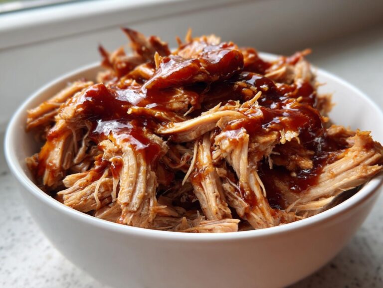 A close-up shot of tender crock pot pulled pork generously coated in barbecue sauce, served in a white bowl.
