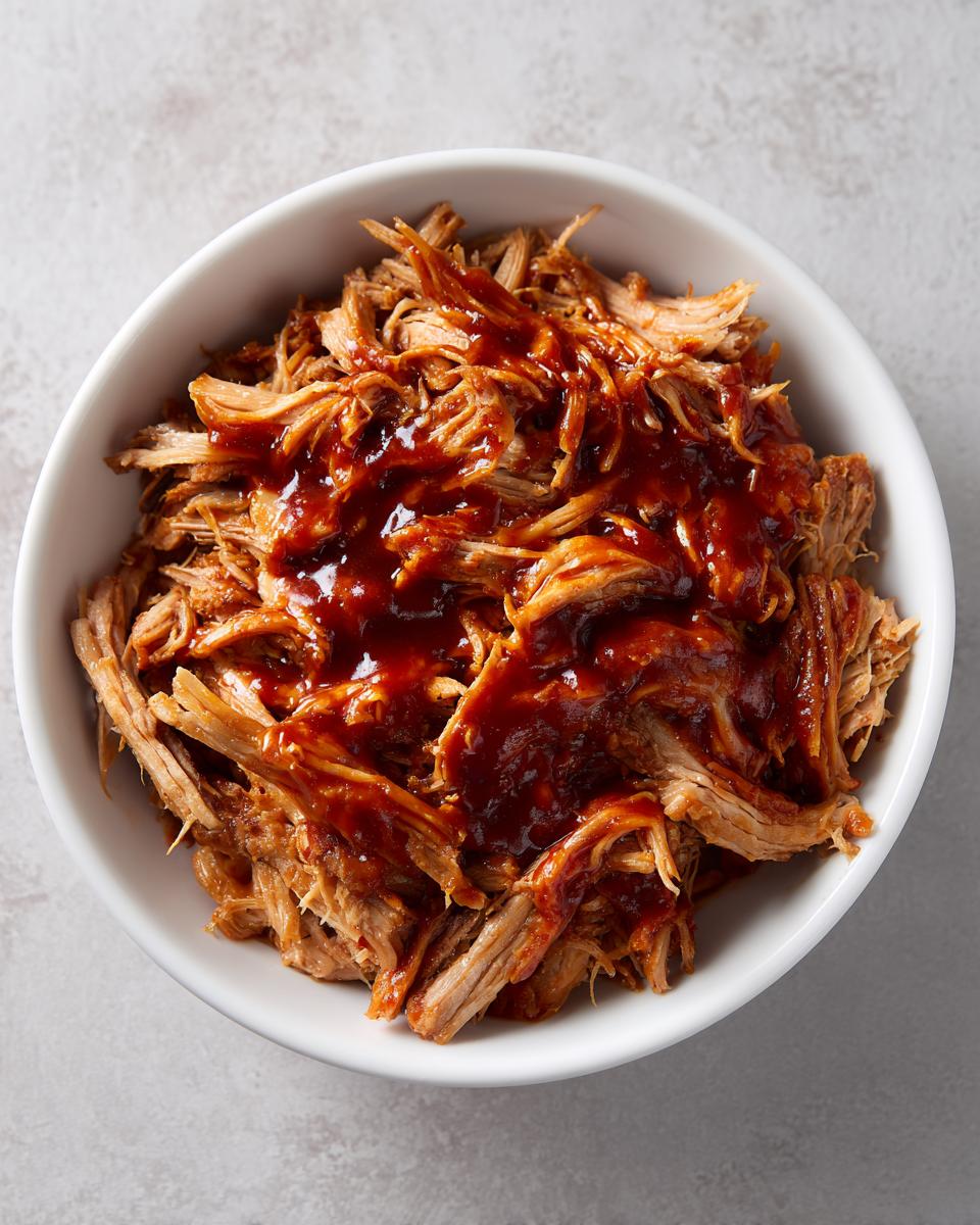 A close-up shot of tender crock pot pulled pork generously coated in rich BBQ sauce, served in a white bowl.