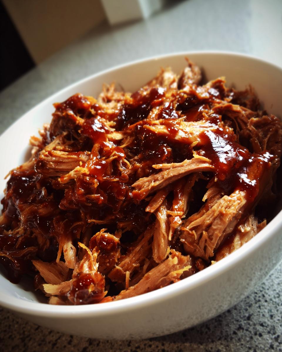 A close-up of a white bowl filled with tender, shredded crock pot pulled pork, generously topped with a rich BBQ sauce.