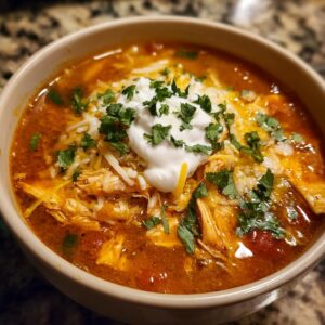 A hearty bowl of crockpot chicken enchilada soup topped with shredded cheese, sour cream, and cilantro.