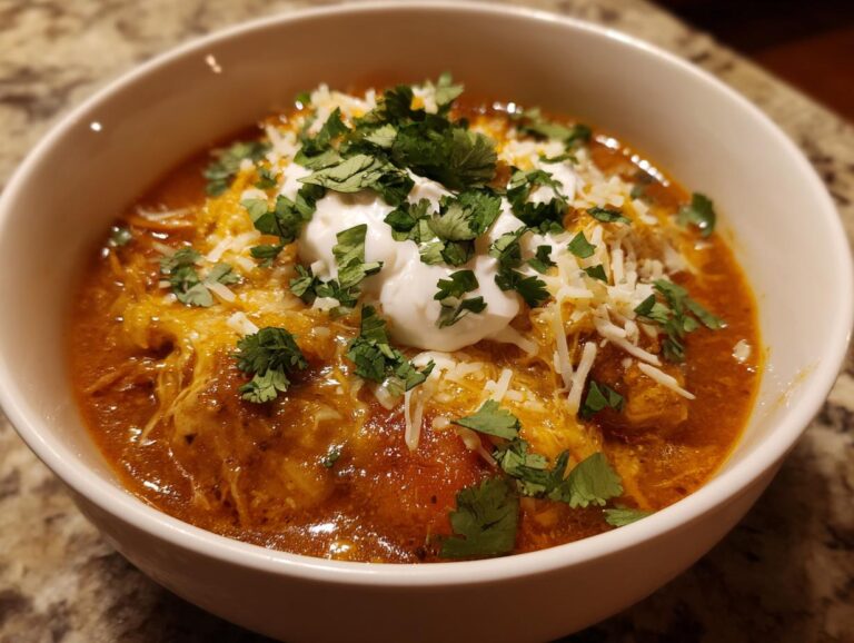 A close-up of a bowl of crockpot chicken enchilada soup topped with shredded cheese, sour cream, and cilantro.