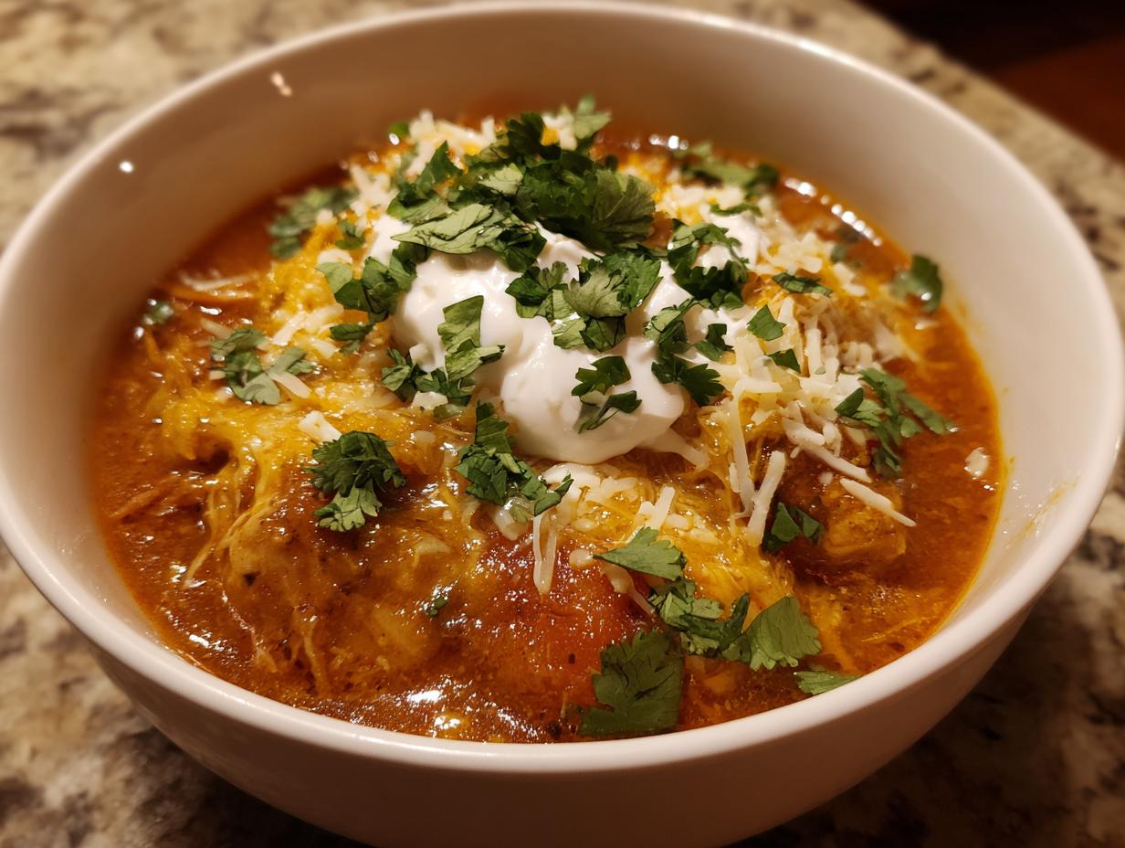 A close-up of a bowl of crockpot chicken enchilada soup topped with shredded cheese, sour cream, and cilantro.