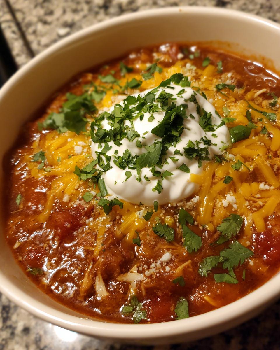 A close-up of a bowl of crockpot chicken enchilada soup, topped with shredded cheese, sour cream, and cilantro.