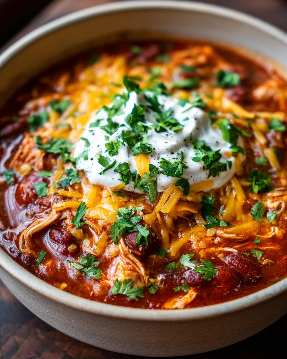 A close-up bowl of hearty crockpot chicken enchilada soup topped with sour cream, shredded cheese, and fresh cilantro.