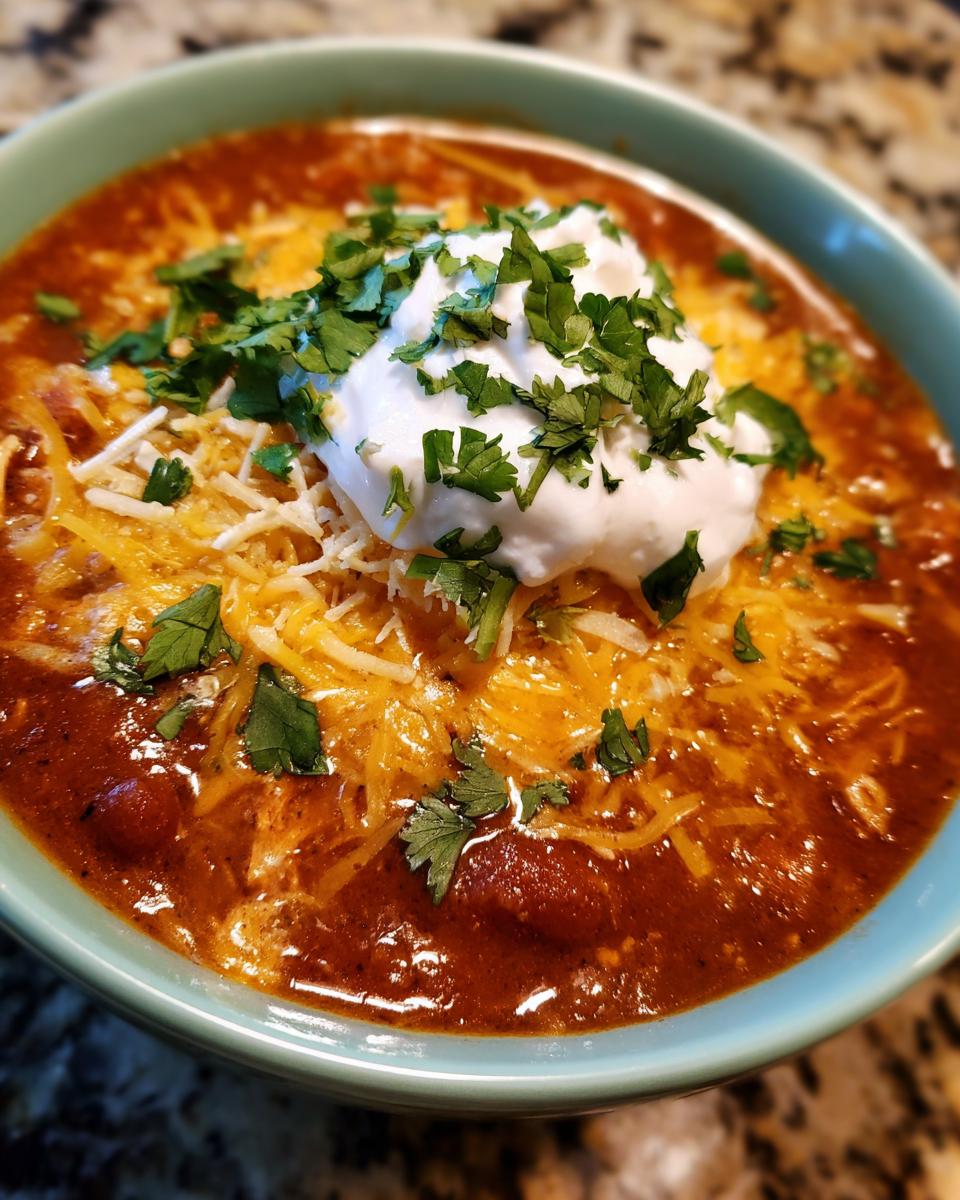 A bowl of hearty crockpot chicken enchilada soup topped with shredded cheese, sour cream, and cilantro.