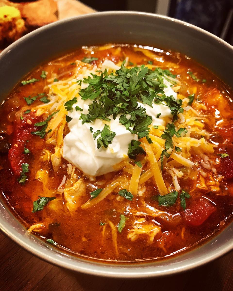 A close-up of a bowl of crockpot chicken enchilada soup topped with sour cream, shredded cheese, and cilantro.