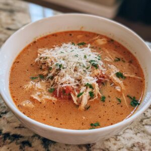 A close-up of a bowl of Crockpot Chicken Parmesan Soup topped with shredded Parmesan cheese and parsley.