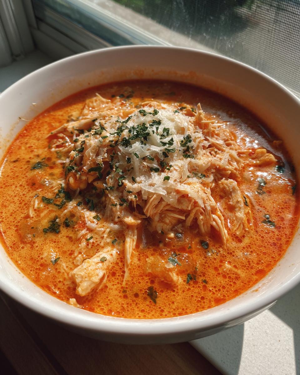 A close-up of a bowl of Crockpot Chicken Parmesan Soup, topped with shredded chicken, parmesan cheese, and parsley.
