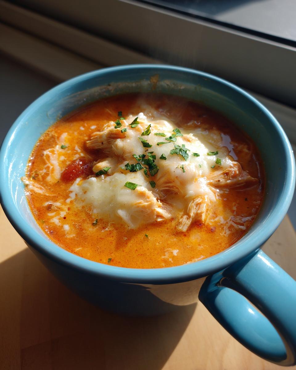 A close-up of a blue bowl filled with steaming crockpot chicken parmesan soup, topped with melted cheese and parsley.