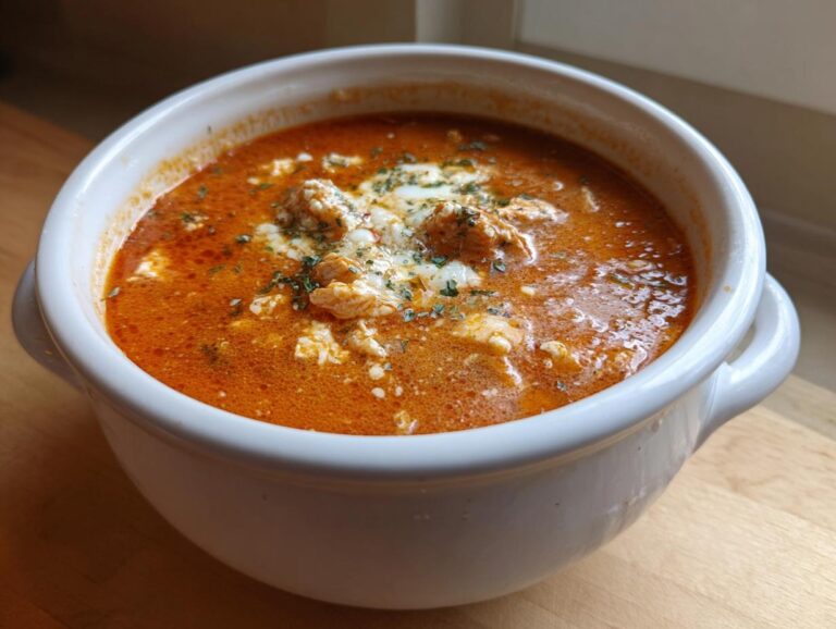 A close-up of a white bowl filled with hearty crockpot chicken parmesan soup, topped with cheese and herbs.