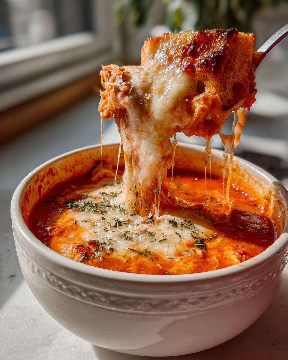 A spoonful of crockpot chicken parmesan soup topped with melted cheese and a piece of toasted bread.