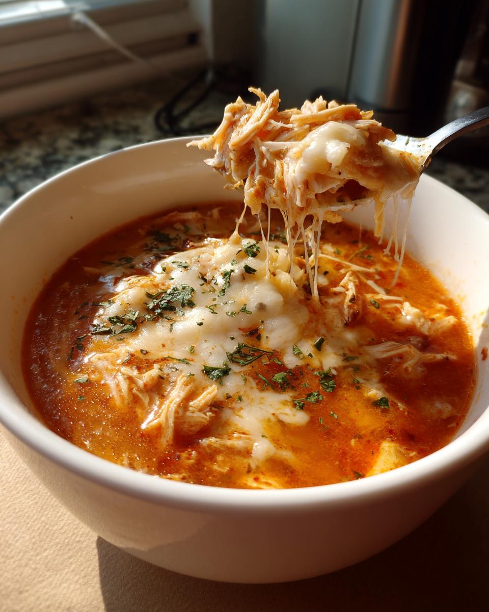 A spoonful of cheesy Crockpot Chicken Parmesan Soup, showing shredded chicken and melted mozzarella.