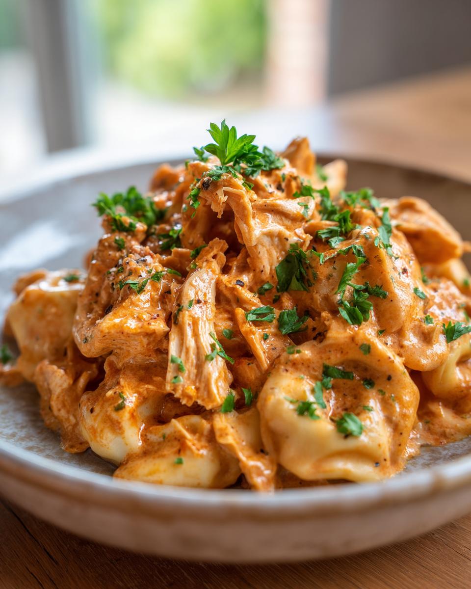 A close-up of a bowl of crockpot chicken tortellini, covered in a creamy orange sauce and garnished with fresh parsley.