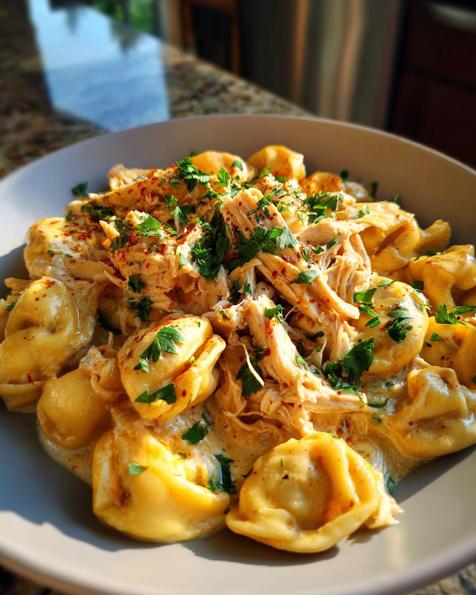 A close-up of a bowl of crockpot chicken tortellini, covered in a creamy sauce and garnished with parsley and paprika.