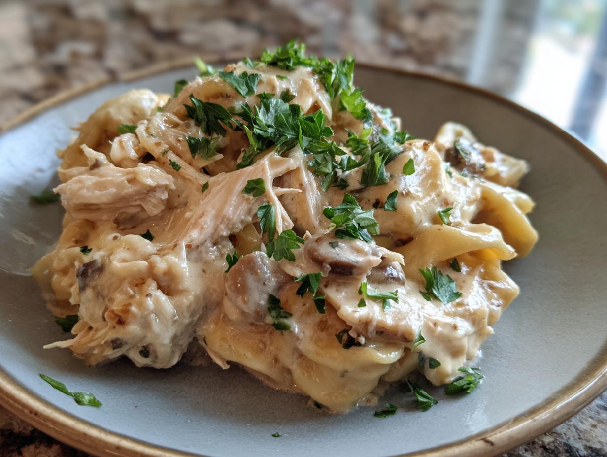A close-up of a serving of crockpot chicken tortellini, featuring shredded chicken, pasta, and a creamy sauce, garnished with fresh parsley.