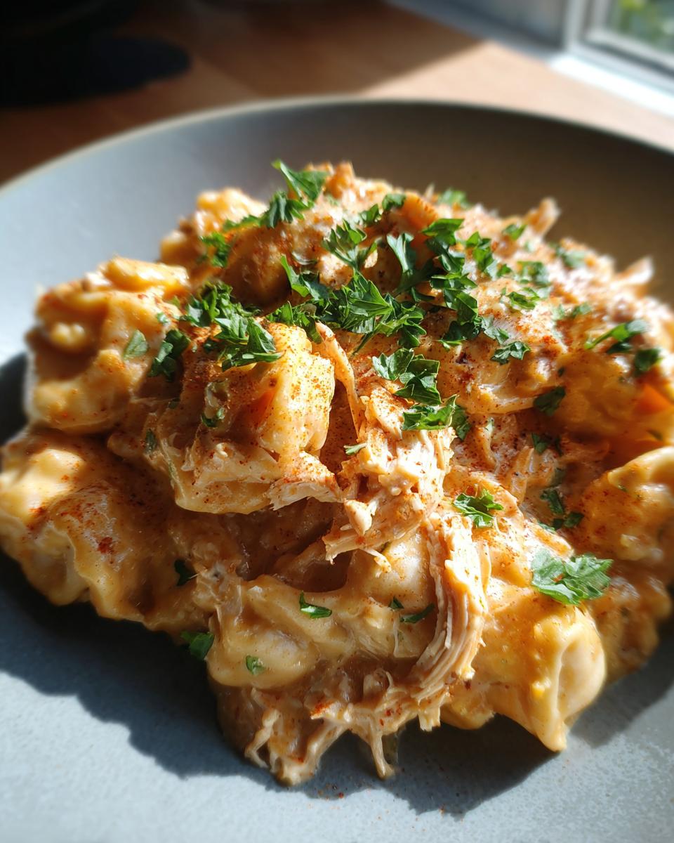 A close-up of a bowl of creamy crockpot chicken tortellini, topped with fresh parsley and a sprinkle of paprika.