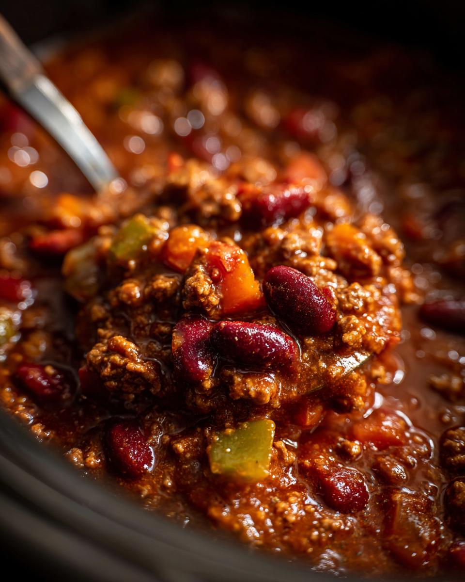 Close-up of a spoonful of hearty crockpot chili, showing ground beef, kidney beans, and diced tomatoes.