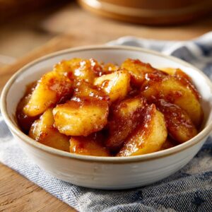 Close-up of Crockpot Cracker Barrel Fried Apples, tender apple slices coated in a rich cinnamon-sugar sauce, served in a white bowl.