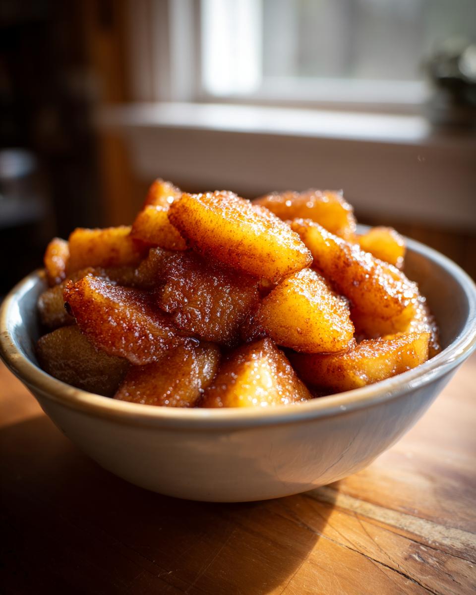 A close-up of a bowl filled with warm, glistening Crockpot Cracker Barrel Fried Apples, dusted with cinnamon.