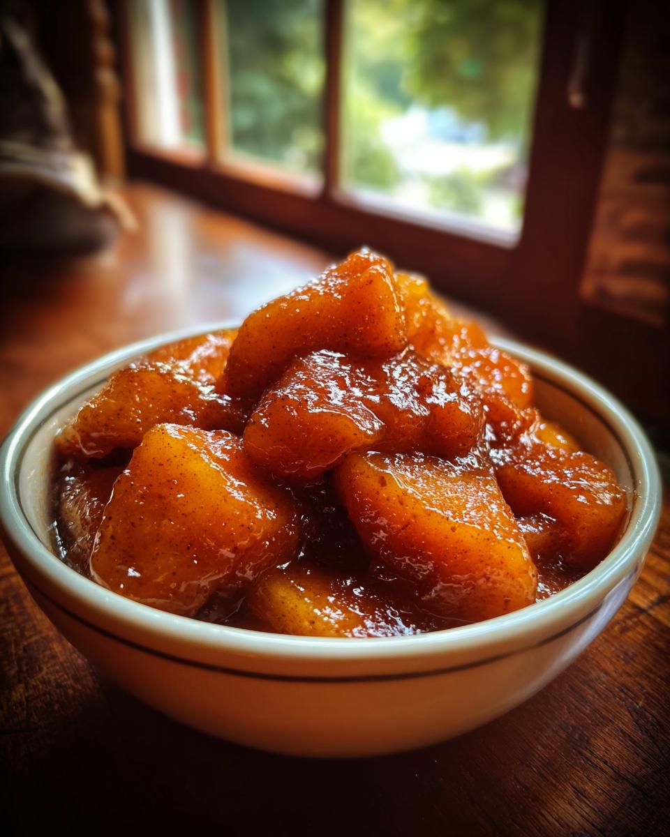 Close-up of a bowl filled with warm Crockpot Cracker Barrel Fried Apples, glistening with cinnamon and sugar.