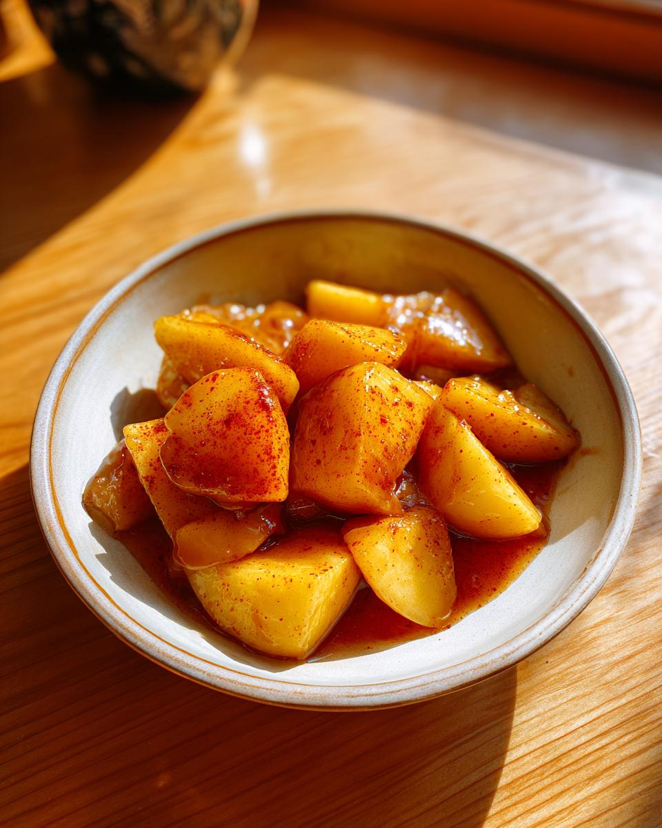 Close-up of Crockpot Cracker Barrel Fried Apples, tender and spiced, served in a rustic bowl.