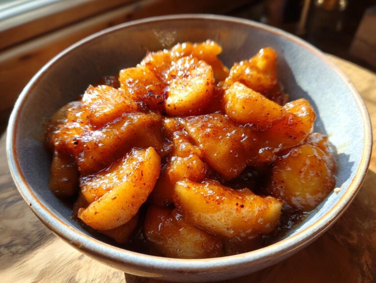 Close-up of Crockpot Cracker Barrel Fried Apples, glistening with cinnamon and sugar in a rustic bowl.