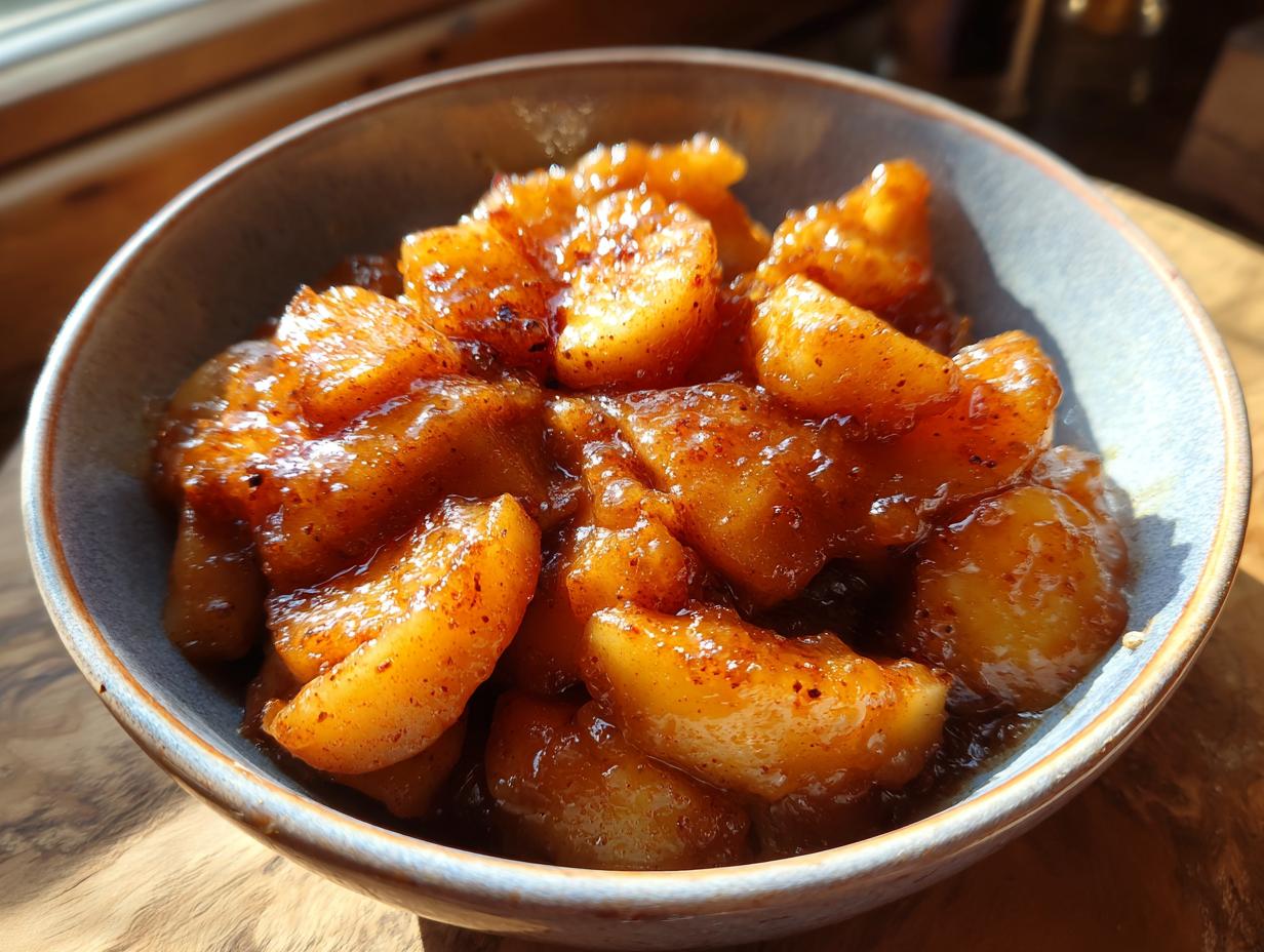 Close-up of Crockpot Cracker Barrel Fried Apples, glistening with cinnamon and sugar in a rustic bowl.
