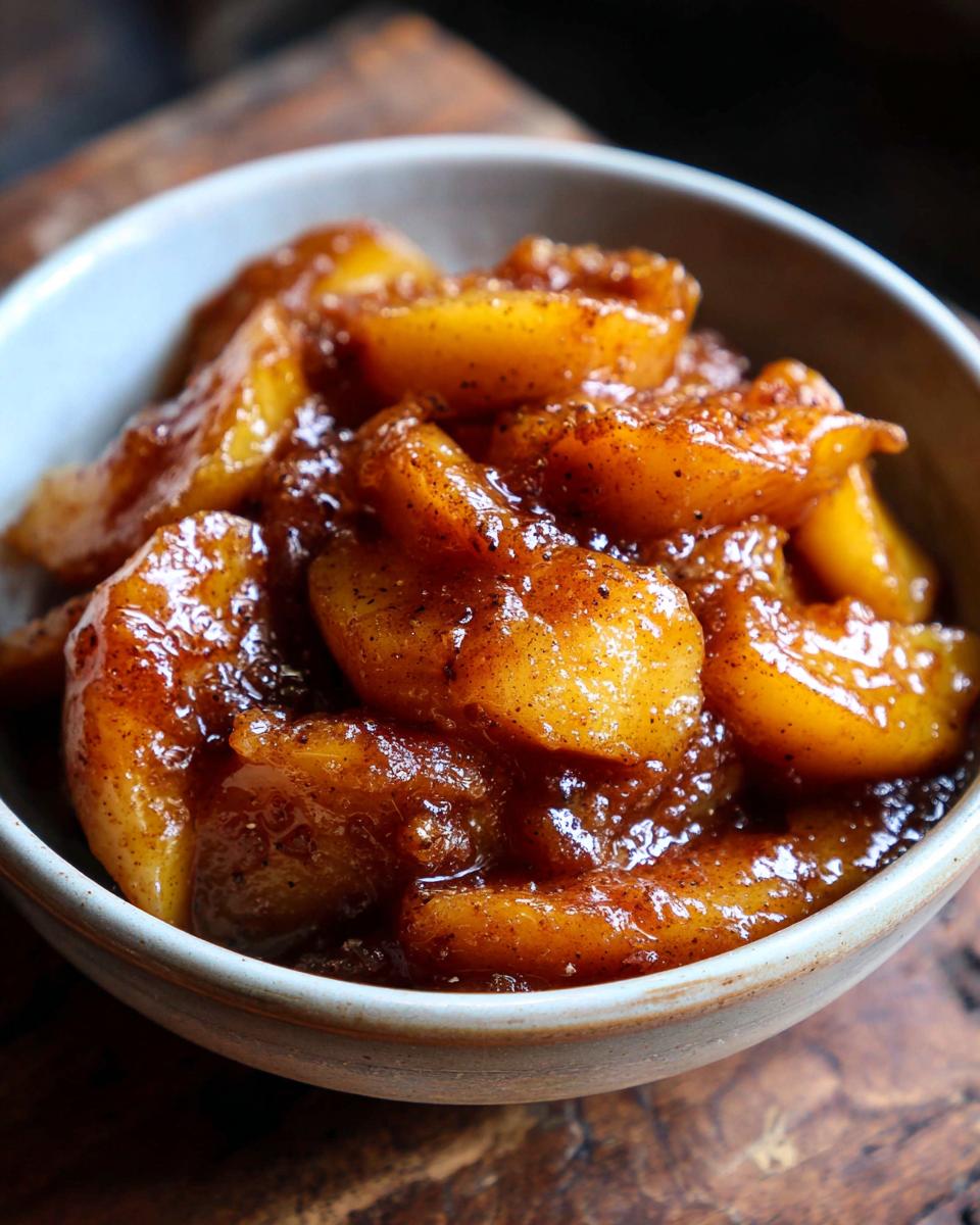 A close-up of Crockpot Cracker Barrel Fried Apples in a rustic bowl, glistening with cinnamon and sugar.