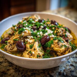 A white bowl filled with tender Crockpot Greek chicken, Kalamata olives, crumbled feta cheese, and fresh parsley.