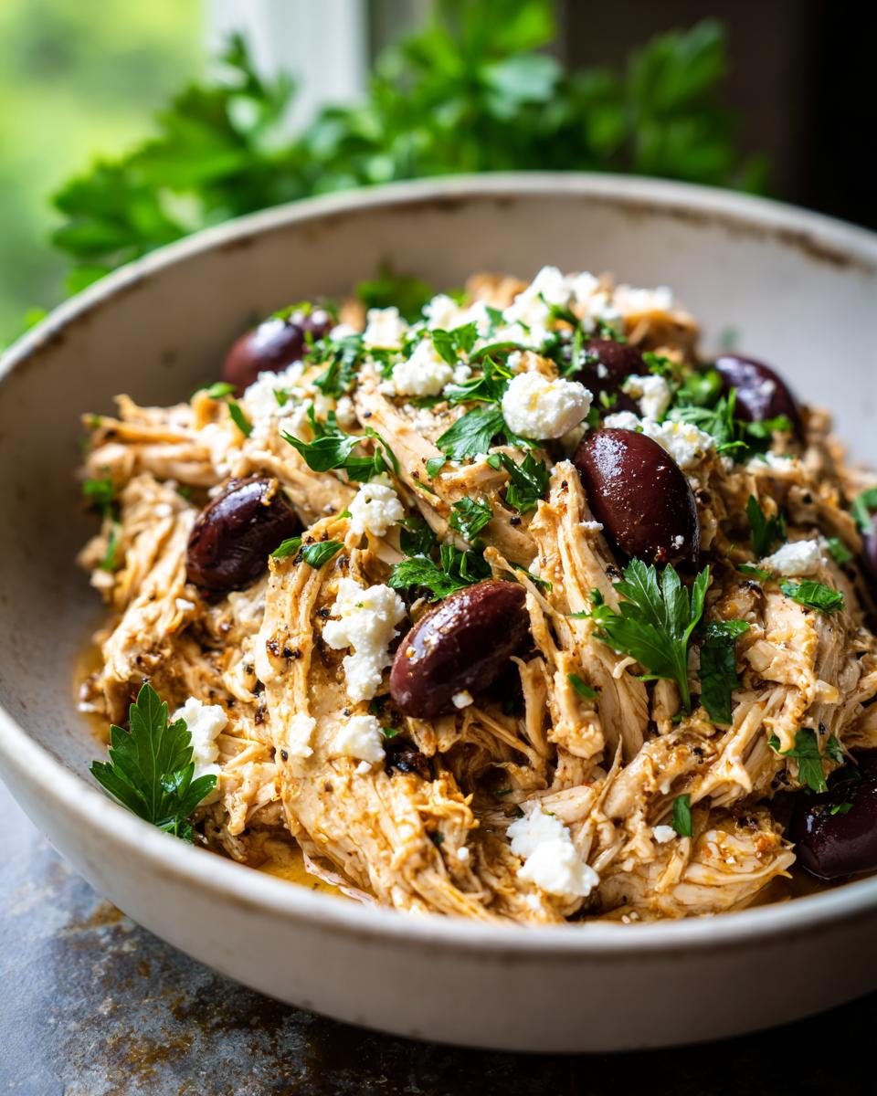 A close-up of shredded Crockpot Greek chicken topped with Kalamata olives, crumbled feta cheese, and fresh parsley.