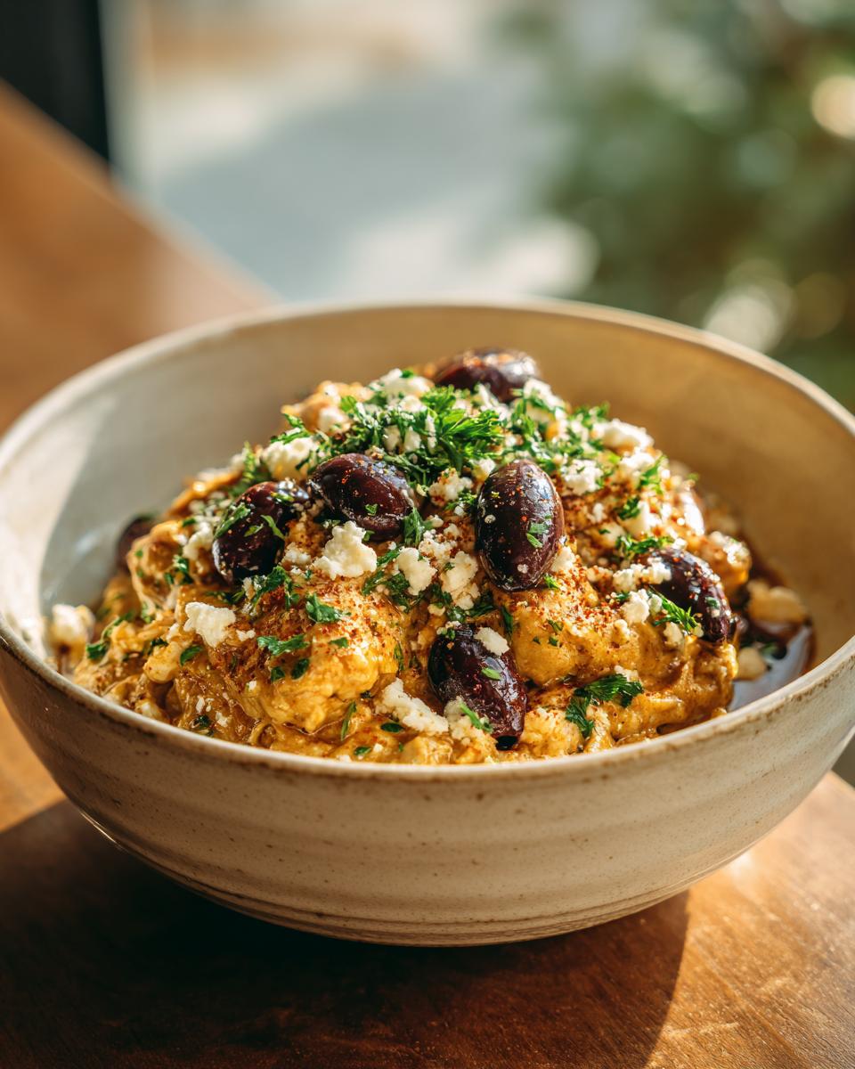A bowl of Crockpot Greek chicken topped with Kalamata olives, crumbled feta cheese, and fresh parsley.