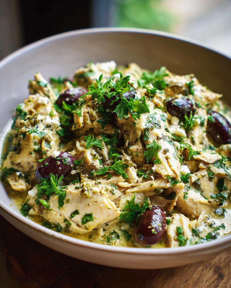 A close-up of Crockpot Greek chicken in a bowl, garnished with Kalamata olives, feta cheese, and fresh parsley.
