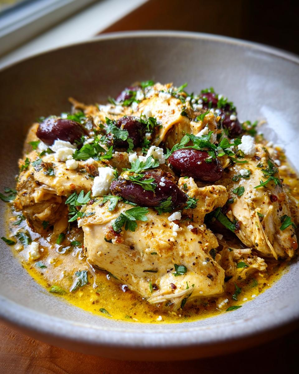 A close-up of tender Crockpot Greek chicken served in a bowl, topped with Kalamata olives, crumbled feta cheese, and fresh parsley.